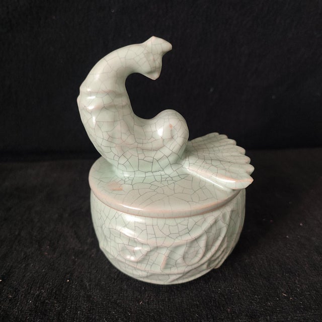 Chinese Ceramic Cenaer,Guan Ware Crackle Glaze Celadon Porcelain Incense Burner Hand Carved Phoenix Pattern For Sale In Seattle - Image 6 of 10