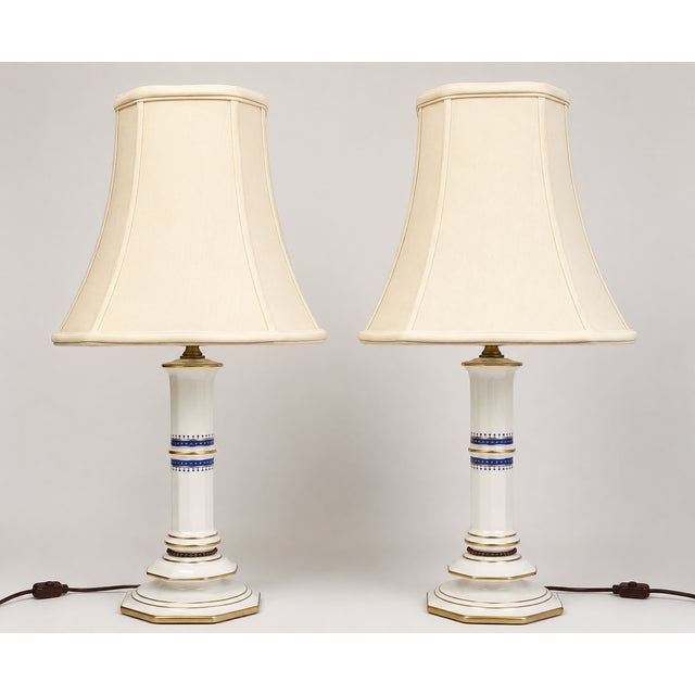 Pair Candle Stick Federal Style Blue Gold Star Porcelain Lamps. These lamps measure 16 1/2 inches to the top of the socket...