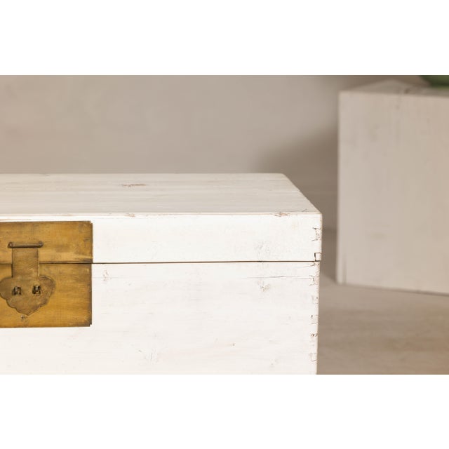 Mid 20th Century Whitewashed Blanket Chest with Brass Hardware and Storage For Sale - Image 4 of 12
