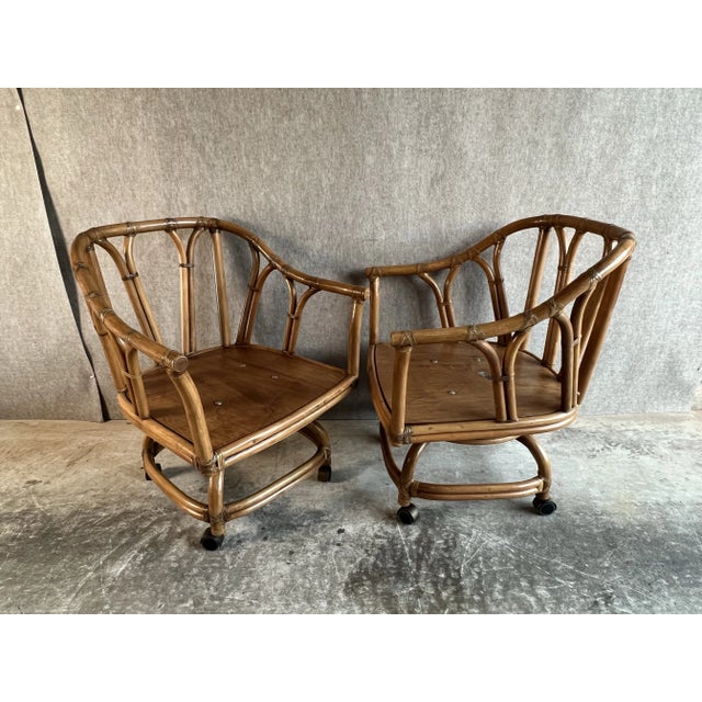 Wood Late 20th Century Vintage Mid Century Boho Chic Style Ficks Reed Leather Bound Rattan and Teak Swivel Chairs With Custom Cushions - a Pair For Sale - Image 7 of 12