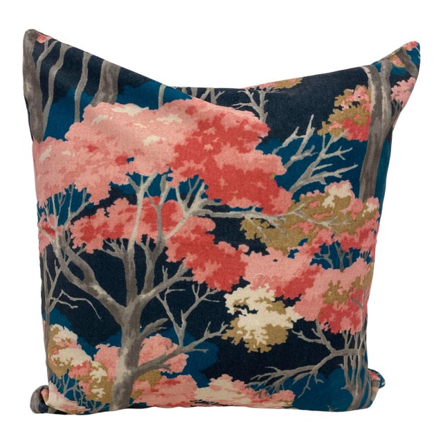 20" Square Pillow With Pink Flowering Trees on a Velour-Like Dark Blue Background - Made in Uk. For Sale