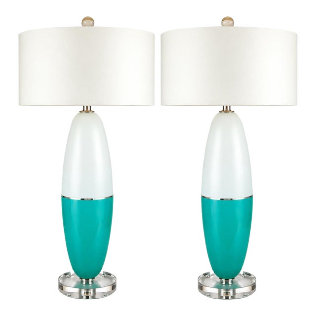 Vintage Murano Glass Lamps Aqua White For Sale