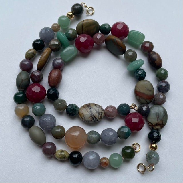 Boho Chic Semi-Precious Polished Gemstone Bead Necklace & Bracelet Set 14k Gold Filled C. 1970s, 2 Pieces For Sale - Image 3 of 12