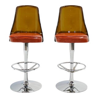 Barstools, Acrylic, Chrome, & Orange Vinyl, Heavy Duty Construction Swivel - A Pair For Sale