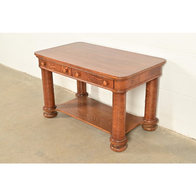 Late 19th Century Antique Victorian Carved Tiger Oak Writing Desk or Library Table, Circa 1890s For Sale - Image 5 of 13