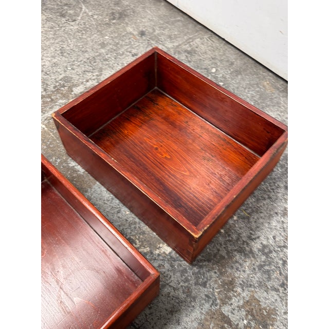 Asian Vintage Red Finish Wood Nesting Tray Boxes, Set of Four For Sale - Image 3 of 12