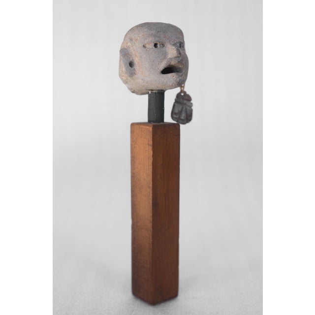1960s Vintage Mid Century Era Mesoamerican Pre-Columbian Small Pottery Head on Teak Stand For Sale - Image 5 of 10