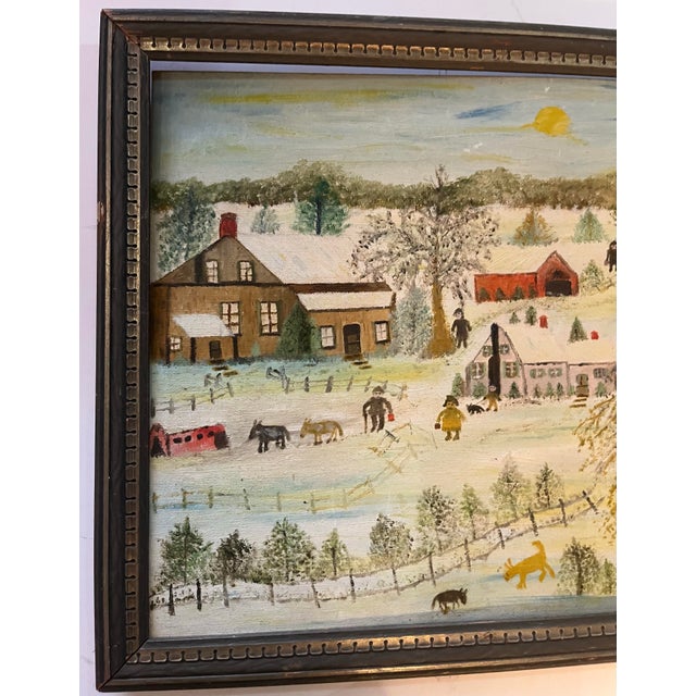 Vintage Folk Art Village Farm Landscape Acrylic on Canvas Board For Sale - Image 4 of 4