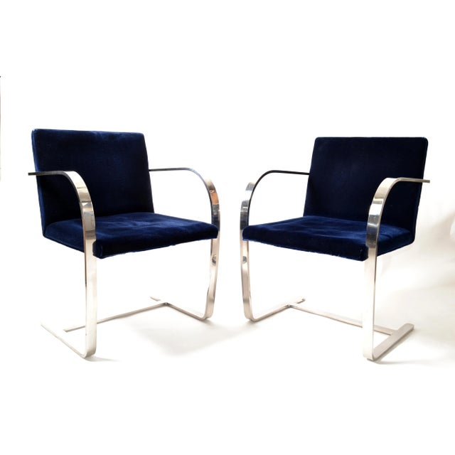 Mies Van Der Rohe for Knoll Stainless Steel Brno Chairs Blue Velvet 1977, Pair For Sale - Image 13 of 13