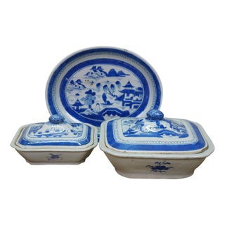 Antique Chinese Export Canton Blue White Serving Platter & Vegetable Tureens - Set of 3 For Sale