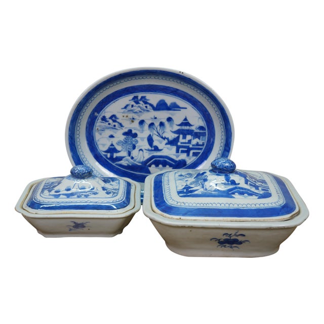 Antique Chinese Export Canton Blue White Serving Platter & Vegetable Tureens - Set of 3 For Sale