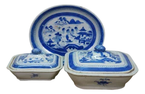 Antique Chinese Export Canton Blue White Serving Platter & Vegetable Tureens - Set of 3