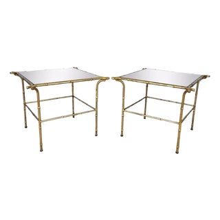 Vintage Italian Hollywood Regency Faux Bamboo Gold Mirror Low Side Tables - Pair For Sale