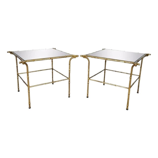 Vintage Italian Hollywood Regency Faux Bamboo Gold Mirror Low Side Tables - Pair For Sale