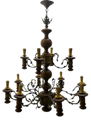 Large Rustic Wooden Chandelier in Wrought Iron, 1960s