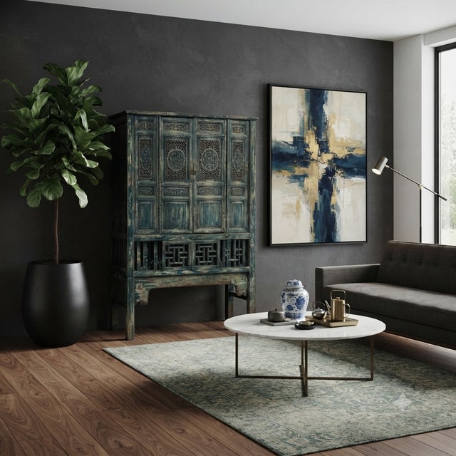 Wood Vintage Distressed Teal Blue Oriental Carving Storage Cabinet For Sale - Image 7 of 12