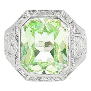 Mid-Century 10k White Gold Synthetic August Birthstone Hand-Engraved Ring, Size 7 For Sale