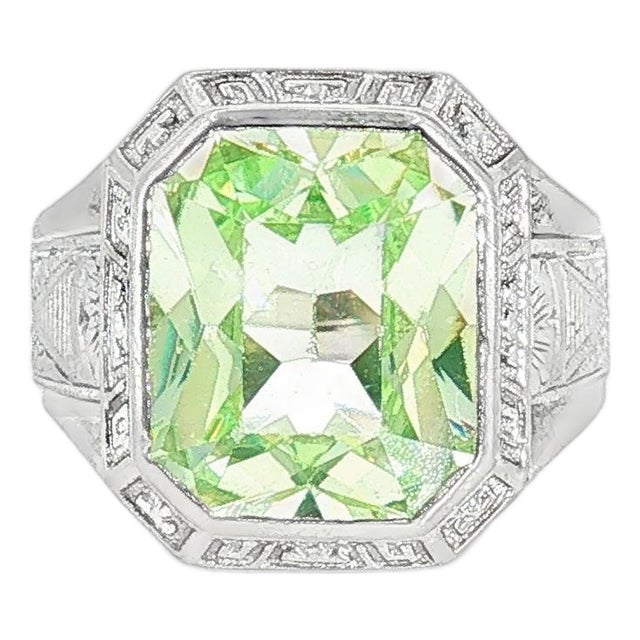 Mid-Century 10k White Gold Synthetic August Birthstone Hand-Engraved Ring, Size 7 For Sale