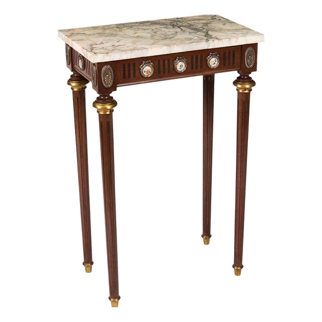 Small Antique Console Table with Sevres Plaques and Marble Top, 1950s For Sale