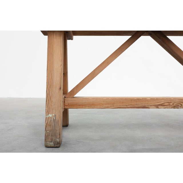 French Rustic Oak Trestle Bench, 1890s For Sale - Image 4 of 13
