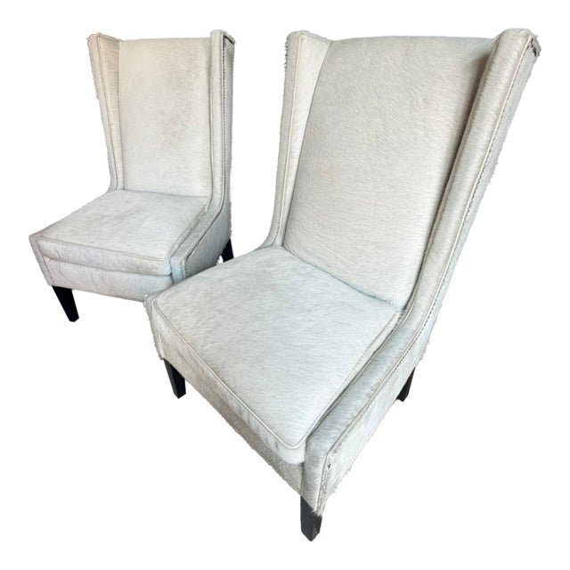 Serena & Lily Pony Hair Wingback Chairs – Pair – Sculptural Modern Silhouette in Natural Hide For Sale