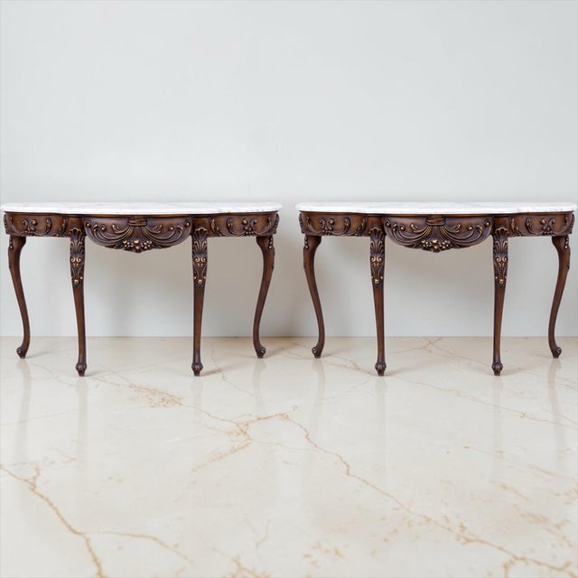 Brown Italian French Louis XV Style Carved Mahogany & Marble Top Demilune Console Tables - Pair For Sale - Image 8 of 8