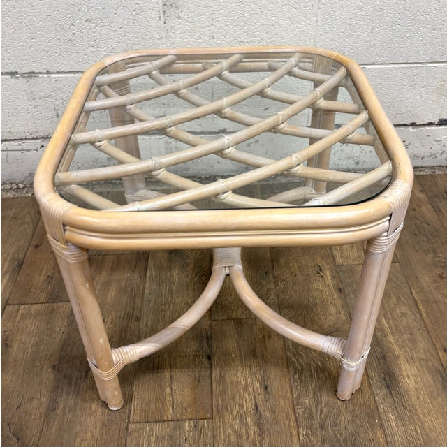This is a gorgeous vintage Mid Century Modern MCM style organic coastal rattan and bamboo and glass side table, end table,...