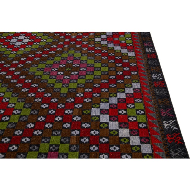 Brown Modern Soumak Handmade Multicolor Geometric Designed Wool Rug For Sale - Image 10 of 11