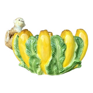 Vintage Boho Glazed Ceramic Banana Bowl With Little Monkey For Sale