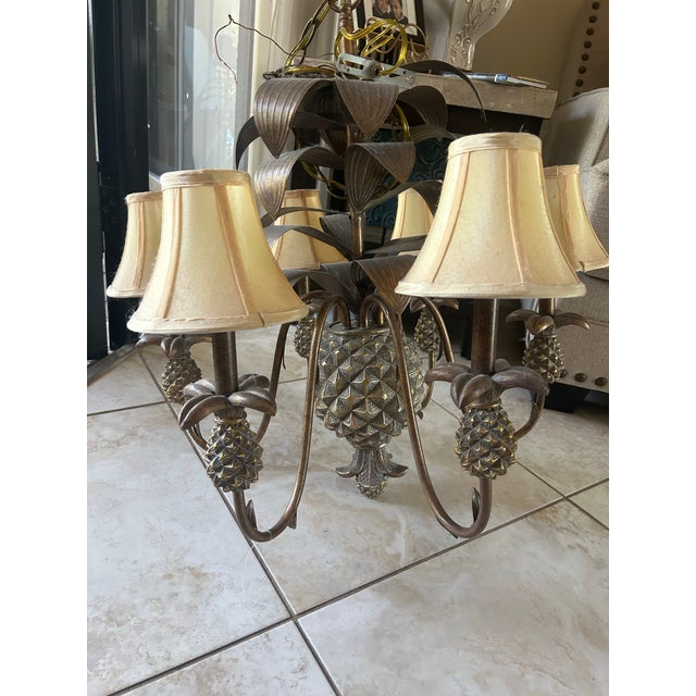 Coastal Vintage Pineapple Chandelier With Fabric Shade For Sale - Image 3 of 7