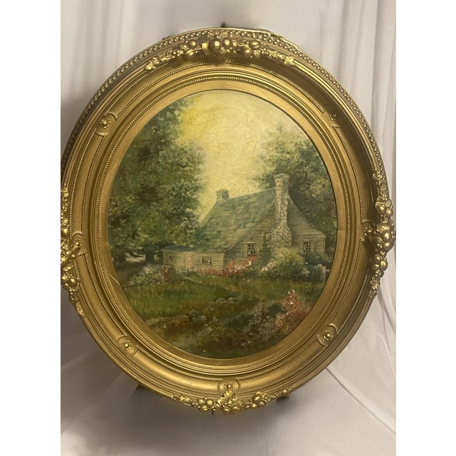 American Beautiful Garden Cottage in Original Oval Gold Frame For Sale - Image 3 of 9