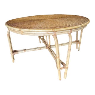 Restored Mid-Century Round Wicker Top Rattan Table For Sale