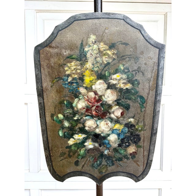 French Provincial Antique Hand-Painted Floral Tôle Shield Fireplace Screen on Wrought Iron Stand For Sale - Image 3 of 12