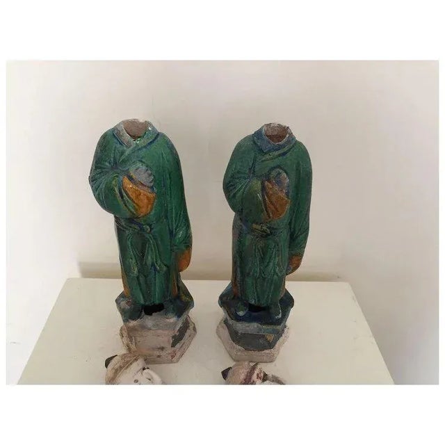 19th Century Tall Pair Antique Chinese Ming Style Glazed Pottery Tomb Figures of Grooms With Removable Heads For Sale - Image 5 of 10