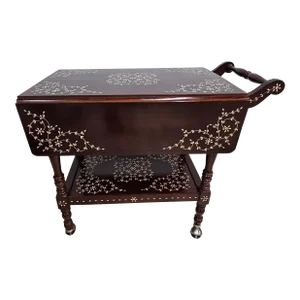 South East Asian Hancrafted Bone Marquetry Rosewood Drop Leaf Serving / Tea Cart