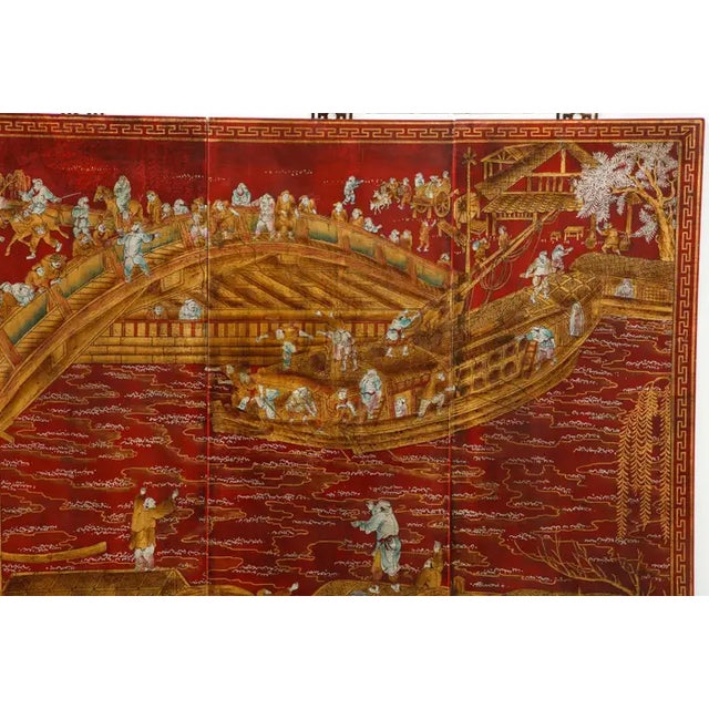 Mid 20th Century Set of Six Red Lacquered Chinoiserie Panels For Sale - Image 5 of 13