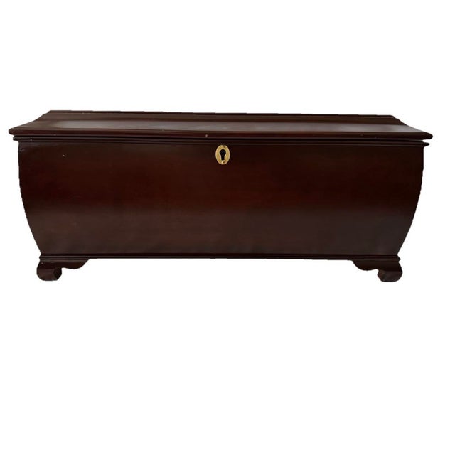 Dark wood “tea chest” storage box with dark green felted interior and brass keyhole lock. No key for lock. From the year...