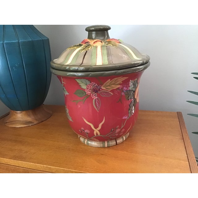 This Tracy Porter Octavia Hill cookie jar or canister with lid is a ceramic work of art. The colors of coral, green and...