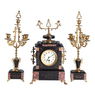 Marble & Gilt Clock with Candleholders, Set of 3 For Sale