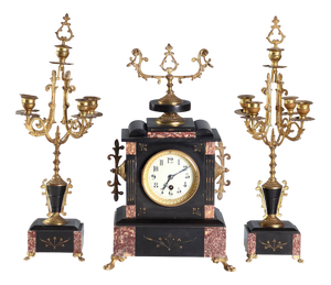 Marble & Gilt Clock with Candleholders, Set of 3