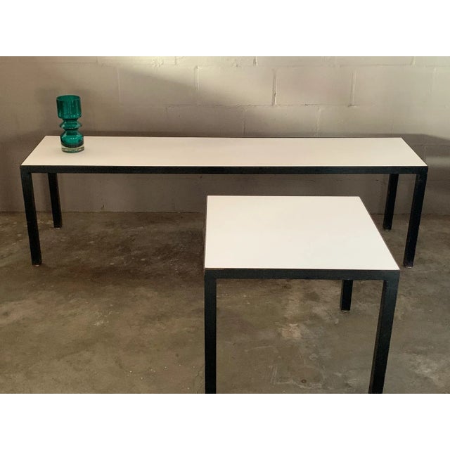 A classic, minimalist bench or coffee table and matching side table by JG Furniture, NYC. Black steel with white formica...