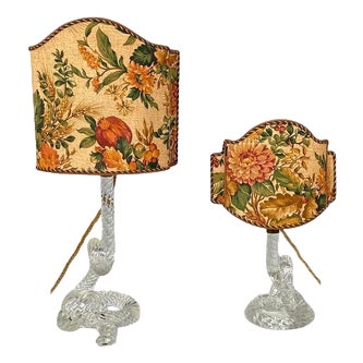 Italian Art Deco Table Lamps in Murano Glass and Floral Fabric attributed to Seguso, 1930s, Set of 2 For Sale