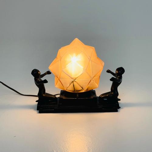Art Deco Frankart Table Lamp with Kneeling Women and Amber Geometric Glass Shade, 1930s For Sale - Image 9 of 16