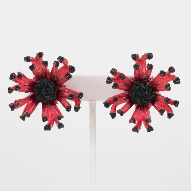 Contemporary Francoise Montague Paris Red and Black Floral Resin Clip Earrings For Sale - Image 3 of 6
