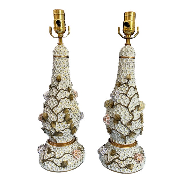 1950s Applied Floral Porcelain Tree of Life Lamps, Pair For Sale