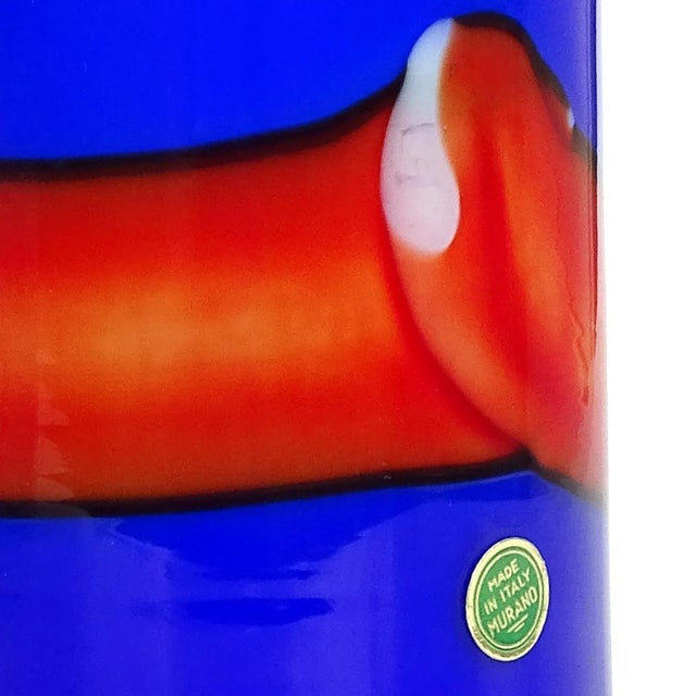 Murano Murano Vistosi Bianconi Bright Blue Red Stripe White Vintage Italian Art Glass Flower Vase With Label For Sale - Image 4 of 8