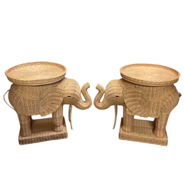 Boho Chic Pair of Vintage Woven Wicker Elephant Side Tables For Sale - Image 3 of 12