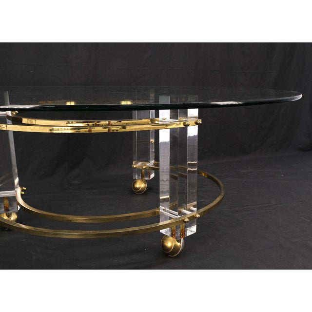 Polished Brass & Lucite Base Round Midcentury Coffee Table on Wheels For Sale - Image 9 of 12