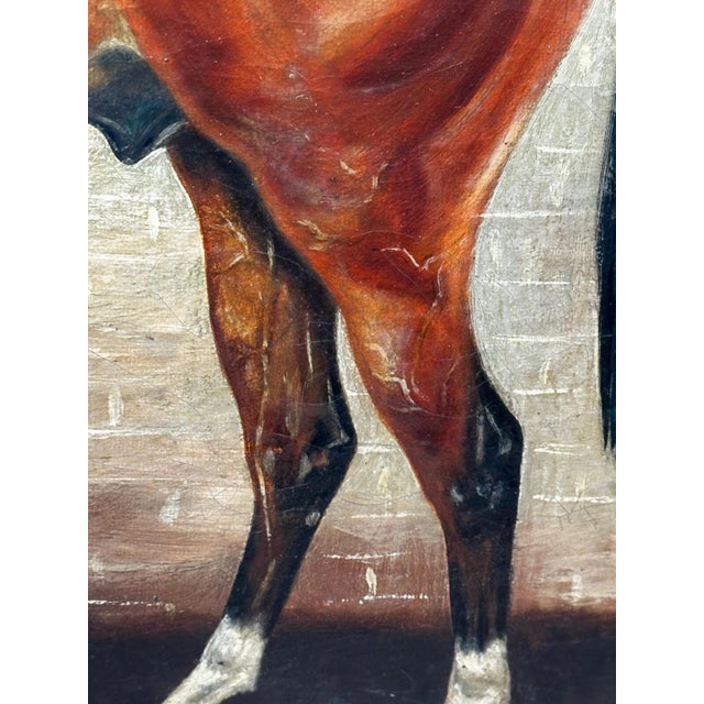 Wood British Antique Oil Painting in the Manner of Sir Alfred Munnings C1912 Equine Portrait the Mint Chestnut Thoroughbred Stallion in Stable For Sale - Image 7 of 18