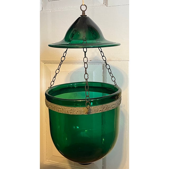 Large Antique 19th Century American Federal Emerald Green Blown Glass Bell Jar Hall Lantern With Witch's Hat Smoke Shade For Sale - Image 9 of 11